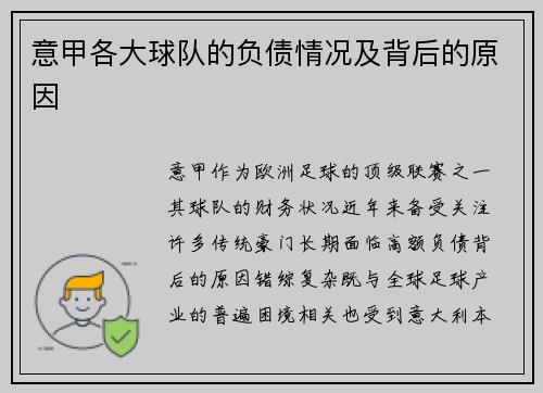 意甲各大球队的负债情况及背后的原因